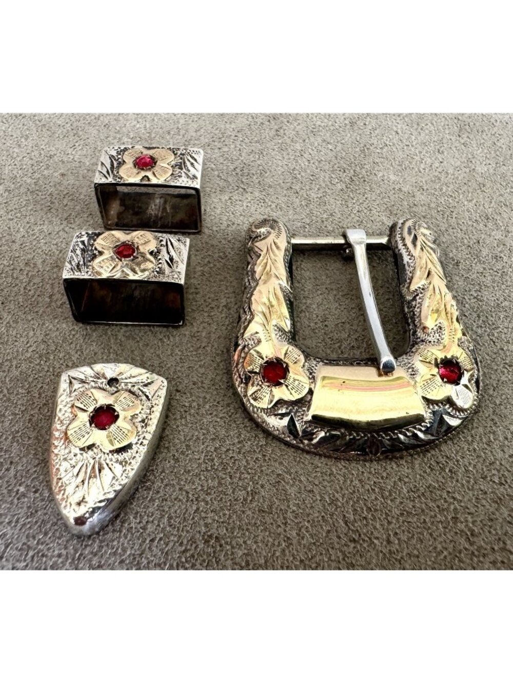 Vtg 4-Piece RANGER BELT SET 10K Gold STERLING Silver Rubies DON RICARDO Santa Fe